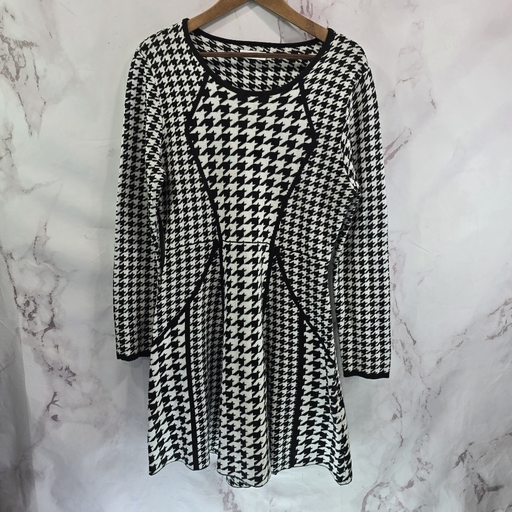 Calvin Klein Dress Women Large 12 14 Black White Houndstooth Sweater Knee Office